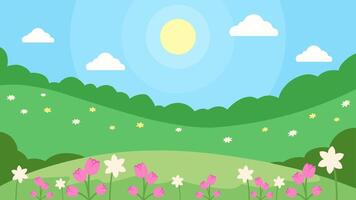 Flat landscape illustration of spring season with blooming flowers vector