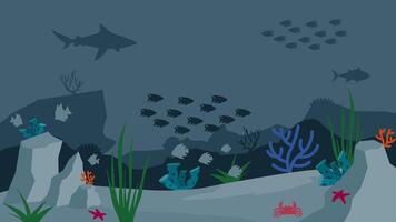 Flat landscape illustration of underwater with fishes and coral reefs vector