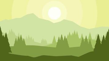 Flat landscape illustration of pine forest silhouette in the morning vector