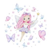 Cute little fairy with magic wand, butterflies and stars. Isolated hand draw watercolor illustration. For kid's goods, clothes, postcards, baby shower and children's room vector