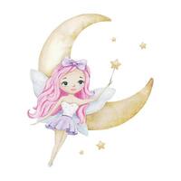 Cute little fairy with light blue wings, Crescent Moon and stars. Isolated hand drawn watercolor illustration. Design for kid's goods, clothes, postcards, baby shower and children's room vector