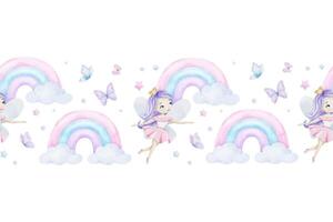 Cute Little fairies, rainbow, butterflies, clouds and stars. Watercolor seamless border for children's goods, clothes, postcards, baby shower and nursery, fabric vector