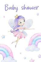 Little fairy with crown, rainbow and stars. Cute baby shower watercolor invitation card. Layout of children's birthday postcard. New born celebration. Template of newborn's party invitation. vector