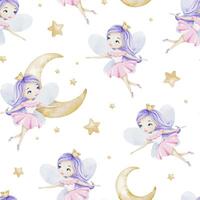 linda pequeño hadas creciente lunas y estrellas. para niños antecedentes. acuarela bebé sin costura modelo para diseño niño bienes, postales, bebé ducha y para niños habitación vector