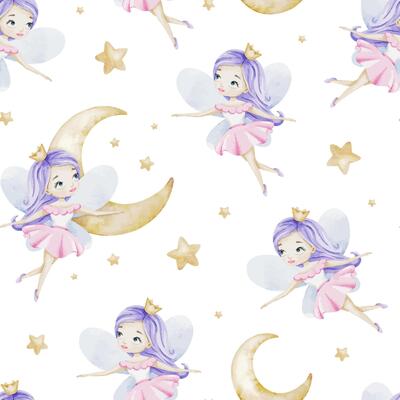 Cute Little fairies crescent moons and stars. Children's background. Watercolor baby seamless pattern for design kid's goods, postcards, baby shower and children's room