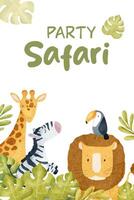 African jungles animals lion, zebra, giraffe, toucan and tropical leaves. Funny kid's isolated hand drawn watercolor illustration. Safari party. Design for baby shower, rooms, posters, cards vector