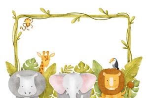 marco de africano selvas animales elefante, mono, león, jirafa, tucán, hipopótamo, tropical hojas. niño aislado acuarela antecedentes. para para niños invitación tarjetas, bebé ducha, niño habitaciones vector