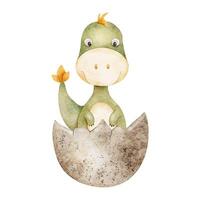 Cute baby dinosaur hatched from egg. Isolated hand drawn watercolor illustration of dino. Tyrannosaurus rex in egg for children's invitation cards, baby shower, decoration of kid's rooms,clothes. vector