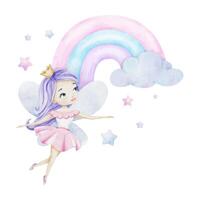 Cute little fairy with light blue wings, stars and rainbow. Isolated hand drawn watercolor illustration. Design for kid's goods, clothes, postcards, baby shower and children's room vector