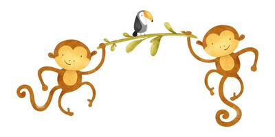 Cute monkeys hanging on Liana, toucan. Funny kid's isolated hand drawn watercolor illustration. A design for children's invitation cards, baby shower, decoration of kid's rooms vector