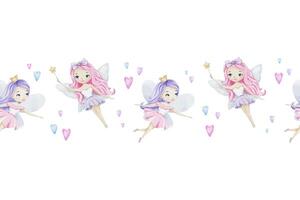 Cute little fairies with magic wand and hearts. Watercolor seamless border for children's goods, clothes, postcards, baby shower and nursery, fabric vector
