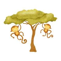 linda monos colgando en árbol. aislado mano dibujado acuarela ilustración de titíes en niños estilo. africano selvas animal. elemento de diseño bebé ducha tarjetas, carteles, niño bienes y habitaciones vector