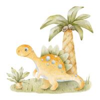 Orange dinosaur and palms in meadow. Isolated hand drawn watercolor illustration of dino. Clipart of Centrosaurus for children's invitation cards, baby shower, decoration of kid's rooms, clothes. vector