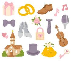 set of doodle wedding objects vector