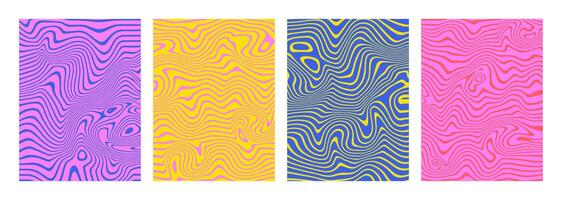 Iridescent vivid liquify backgrounds. Holographic wavy lines. Psychedelic acrylic and marble texture. Hippie groovy swirls, spirals. Modern abstract poster, banner, placard template. Summer colors. vector