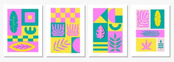 Abstract summer geometric layouts set. Retro tropical and floral cards, posters, covers, flyers, banners. Juicy layout template. Modern background, backdrop. Bauhaus, Memphis. vector