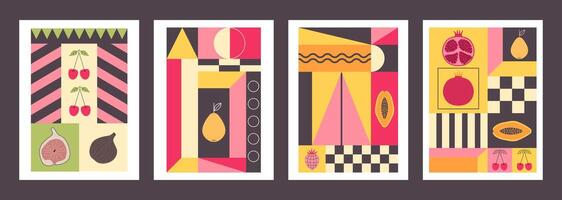 Summer geometric layout templates. Abstract retro fruit cards, posters, covers, flyers, banners. Modern juicy background, backdrop. vector
