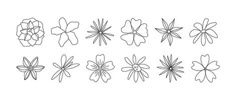 Outline retro flowers. Hand drawn line art. Flower power. Floral summer and spring meadow. Black and white doodles. Editable contour. Coloring book. vector