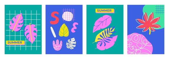 Abstract summer geometric layout templates. Bright tropical leaves and modern typography. Summer overlay promo set. Trendy cards, posters, covers, flyers, banners. Juicy background, backdrop. vector