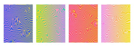Iridescent gradient liquify backgrounds. Modern abstract marble posters. Hypnotic wavy lines. Psychedelic acrylic texture. Hippie groovy swirls, spirals. Banner, placard template. vector