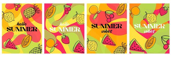 Hola verano, verano vibraciones vistoso bandera diseño. creativo concepto para un conjunto de verano brillante y jugoso tarjetas vector