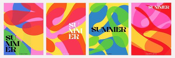 Creative concept of summer bright and juicy cards set. Modern abstract art design with liquid shapes with overlay effect. Templates for celebration, ads, branding, banner, cover, label, poster, sales vector