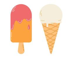 Ice cream in a waffle cone and Ice cream on stick. Frozen juice on wooden stick. Flat isolated illustration vector