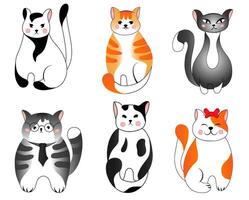 Set cute red, grey, spotted, striped cats isolated on white background. Illustration for children. vector