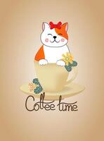 Card with red funny cat, sitting in the cup. Lettering - Coffee time. vector