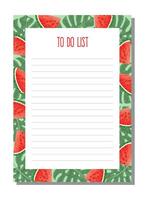 Planner, to do list with tropical leaves of monstera and watermelon slice. vector