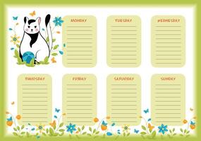 School weekly and daily planner with cute little white and black cat in colorful spring and summer design. vector