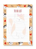 Planner, to do list with face of cats in cartoon style. vector