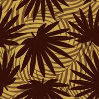 Seamless pattern with hand drawn tropical brown palm leaves on yellow background. vector