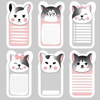 A set of notebook pages with cute cat faces. Template for planning, to-do list, daily schedule, sheet for notes and other reminders. vector