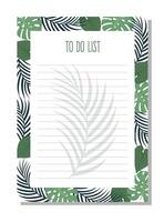 Planner, to do list with tropical leaves of monstera and palm leaves. vector