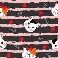 Seamless pattern with many different red and black and white heads of cats on grey striped background. Illustration for children. vector