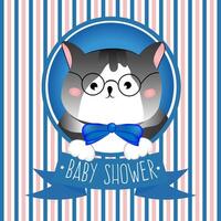 Baby shower with blue and white strips and little cat, kitten. Design for boy party. vector