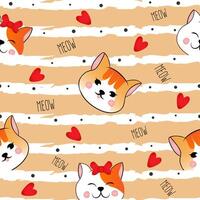 Seamless pattern with many different red heads of cats on orange striped background. Illustration for children. vector