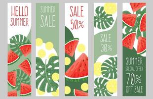 Summer Sale. Set of banners or posters with many slice of watermelon and lemon. Hand drawn illustration, EPS10. vector