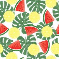 Seamless pattern with hand drawn watermelon, lemon slace and tropical monstera leaves on white background. vector