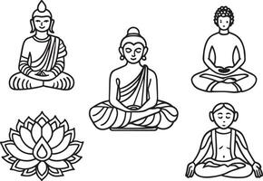 Buda y loto íconos colocar. contorno ilustración. vector