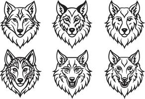 conjunto de lobo cabeza negro y blanco. ilustración. vector