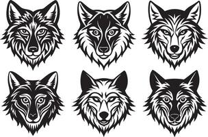 conjunto de lobo cabezas en negro y blanco colores. ilustración. vector