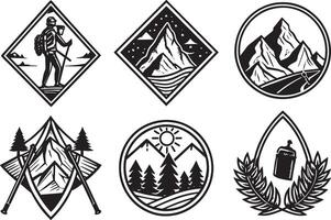 conjunto de montaña icono emblemas en negro y blanco. ilustración. vector