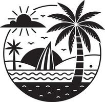 Palm tree and island in the sea. Black and white illustration. vector