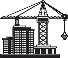 construction crane and buildings icon illustration graphic design in black and white vector