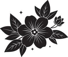 Black and white illustration of a bouquet of flowers with leaves. vector