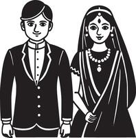 Indian couple in traditional clothes. Indian man and woman in black and white illustration vector