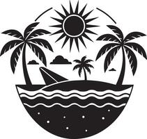 beach with palm trees and sun, black and white illustration vector