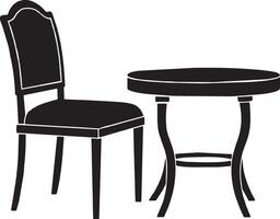 table and chair icon over white background, illustration. black and white design vector